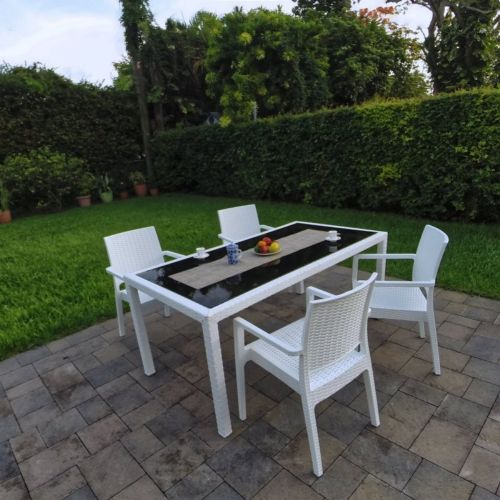 Miami Wickerlook Resin Patio Dining Set 5 Piece Rectangle White ISP995S-WH